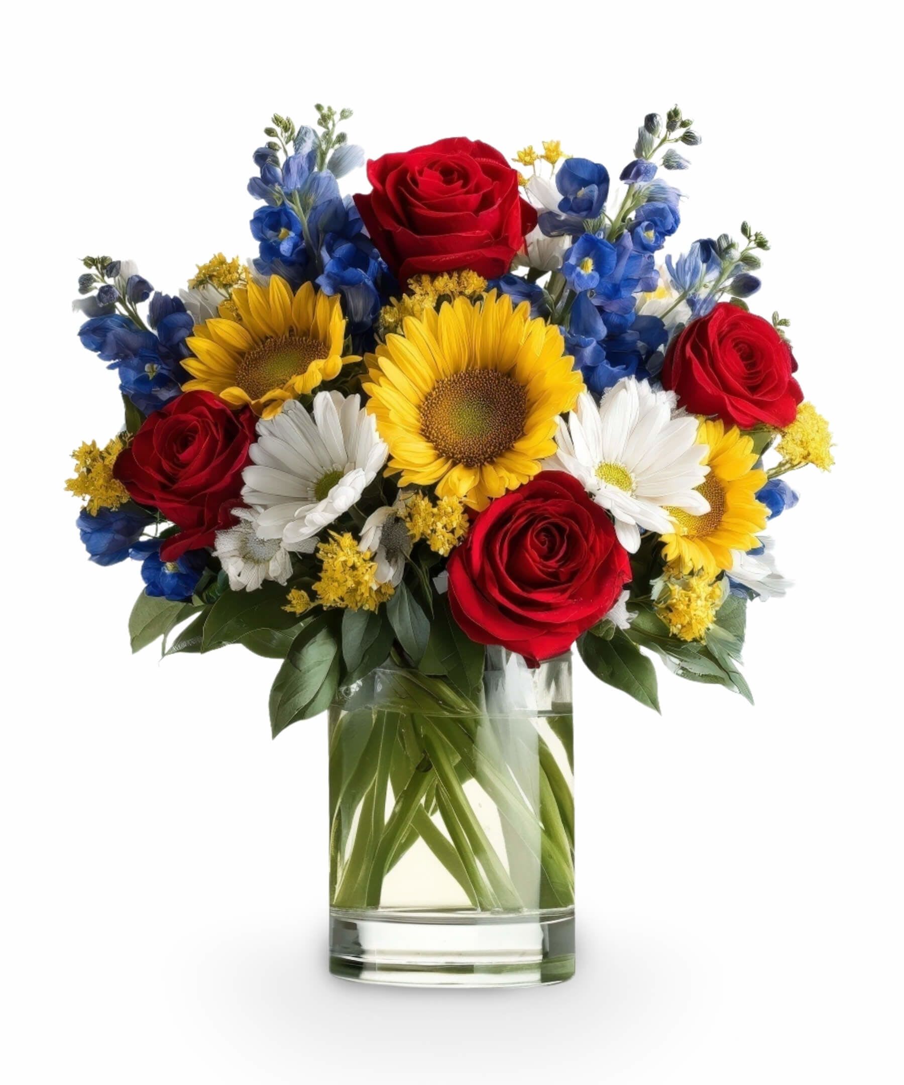 Starburst - Celebrate the 4th of July with bold beauty and radiant energy. Starburst brings together striking red roses, brilliant yellow sunflowers, crisp white daisies, and vivid blue delphinium in a jubilant mix that mirrors the spirit of Independence Day. This festive arrangement bursts with patriotic pride and summertime joy—perfect for your holiday table, party centerpiece, or as a cheerful gift to honor the occasion.