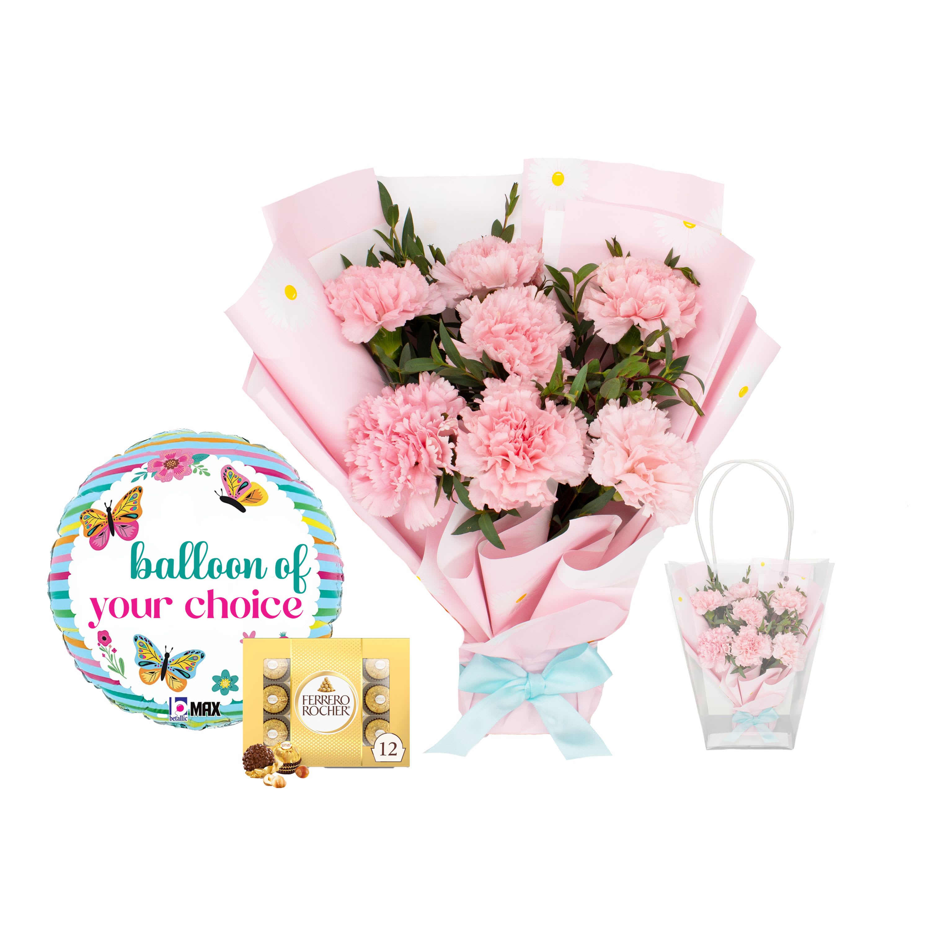 A Token of Thanks - BUNDLE - Sweet, meaningful, and full of charm, this arrangement is a beautiful way to celebrate any occasion. Known for their delicate ruffled petals and long-lasting freshness, carnations symbolize love, admiration, and gratitude.  Includes: 1 pack of (12) Ferrero chocolates  1 Foil Balloon with helium