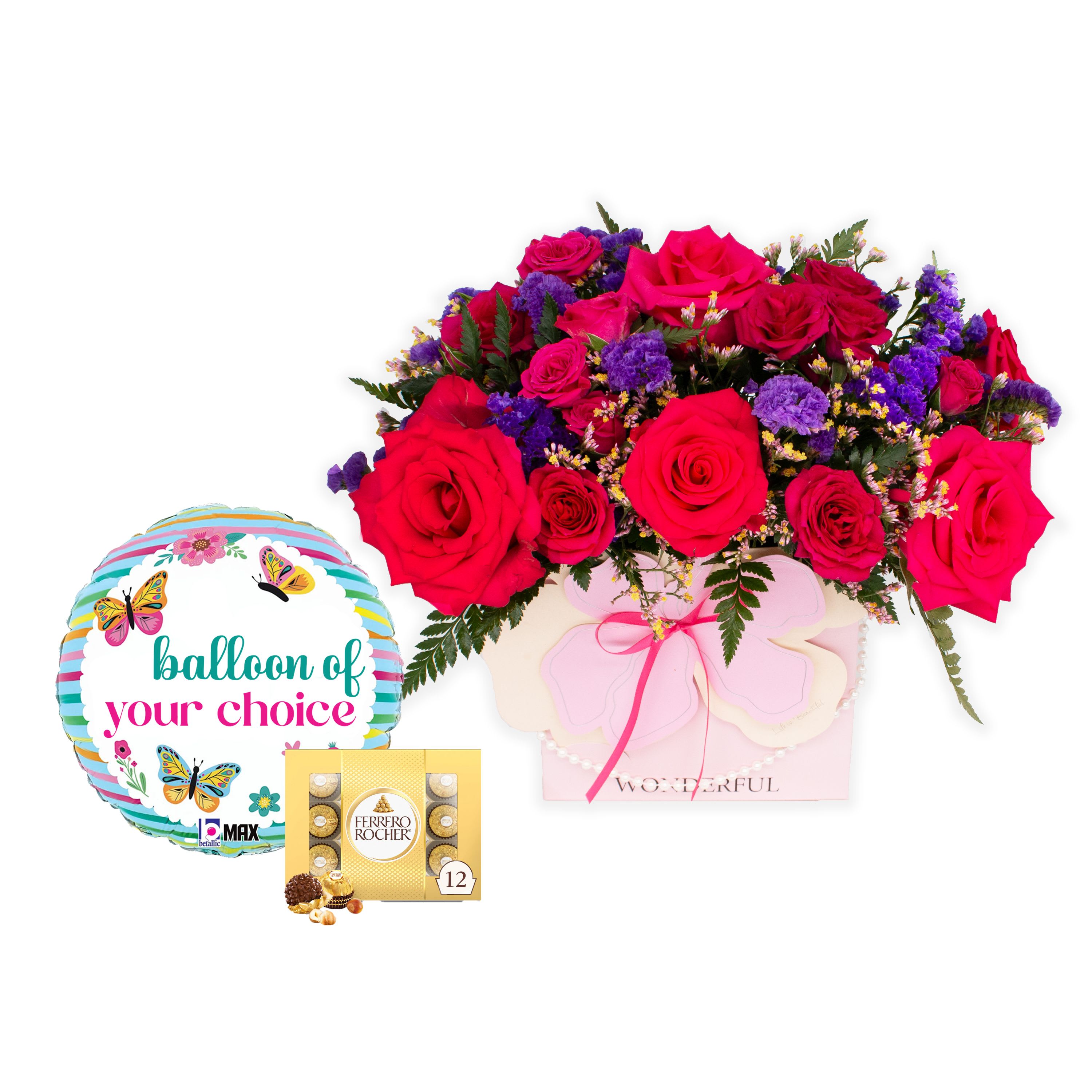 Wonderful- BUNDLE - Celebrate her in full color with Wonderful. This eye-catching purse arrangement bursts with rich fuchsia roses and spray roses, symbolizing love, appreciation, and happiness. A fun and modern design that makes her feel as special as she truly is.  Includes: 1 pack of (12) Ferrero chocolates  1 Foil Balloon with helium