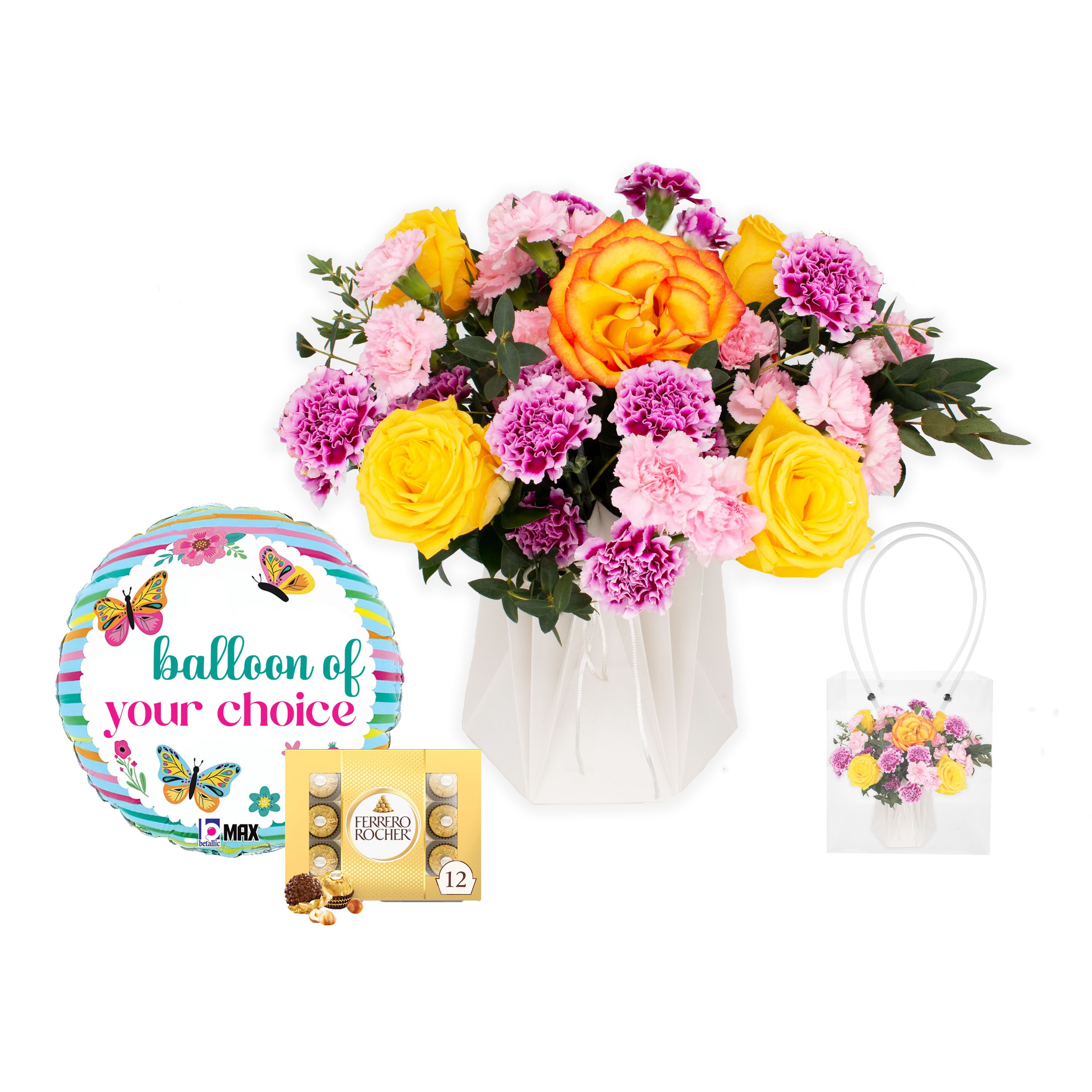Timeless Blooms - BUNDLE - A beautiful celebration of color and texture, this arrangement brings together classic roses and delicate carnations. Designed to feel full, vibrant, and timeless, it’s the perfect choice for any occasion that calls for joy and elegance.  Includes: 1 pack of (12) Ferrero chocolates  1 Foil Balloon with helium