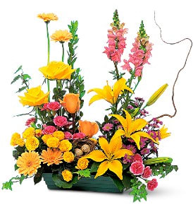 Colorful mixed flower arrangement in a rectangular container