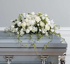 White floral casket spray with trailing vines on a silver casket