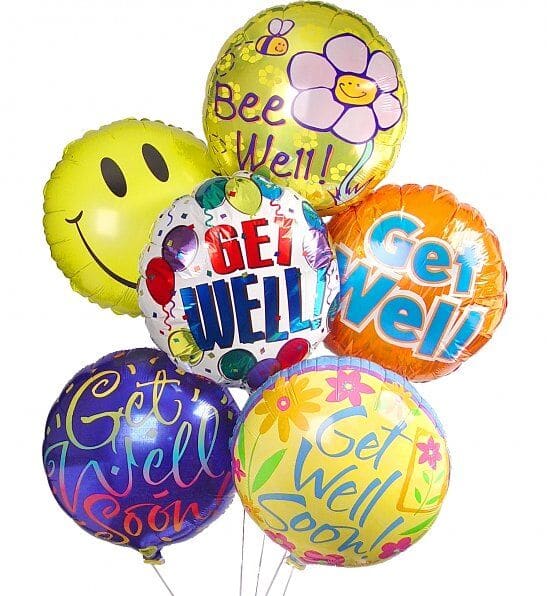 Cluster of colorful round foil balloons with smiley face and get well messages