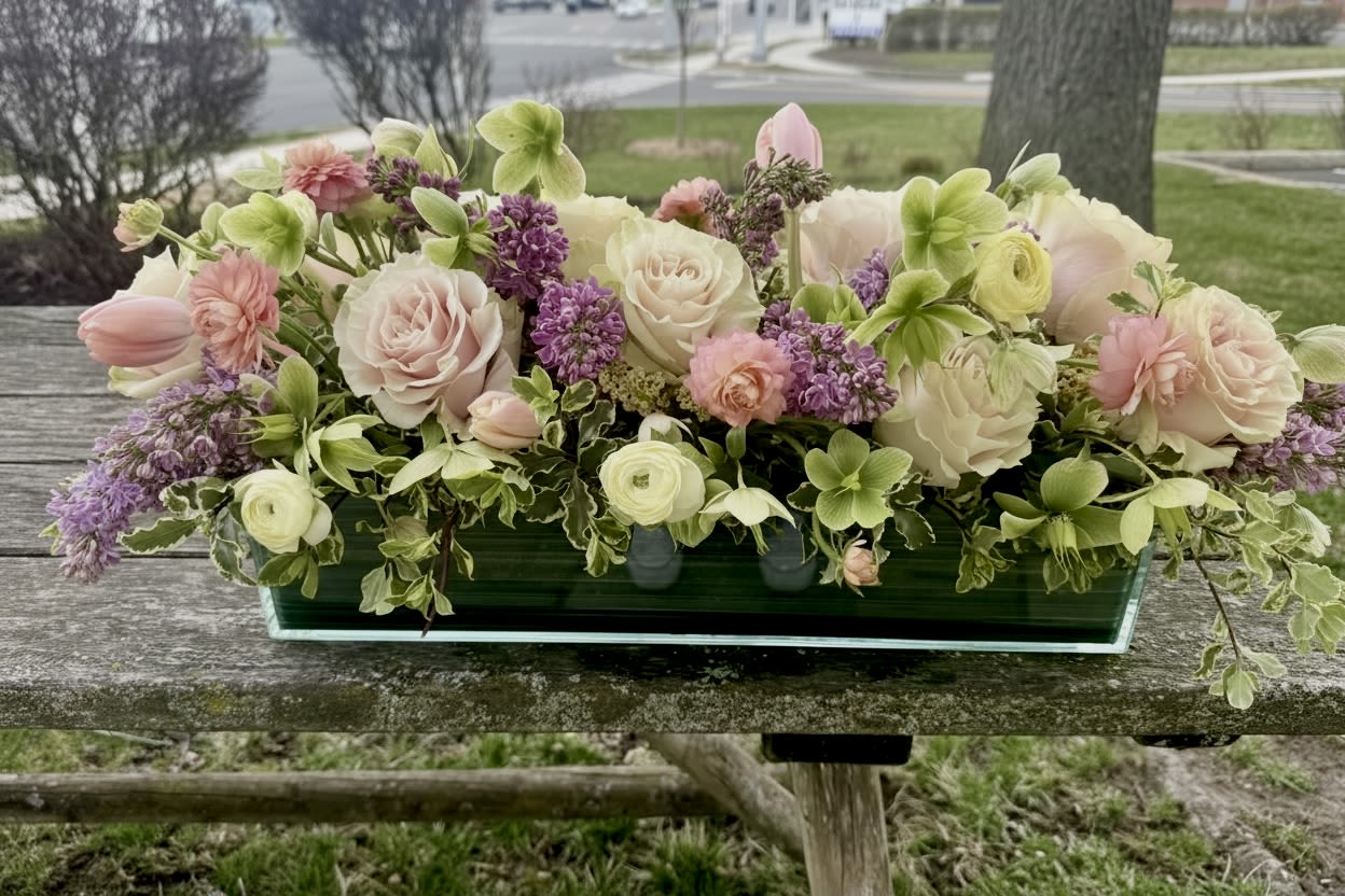Luxury plated glass box of blooms -Summer Edition  - Plated glass rectangles are the perfect luxury vessel for flowers creating a lush garden look that can add magic to any room or event!  These are lush, seasonal and just full of beauty.   You can also plant in them after flowers expire- succulents and other small plants look great in these!  You can reuse with us for future plantings.   COLOR PALETTE NOTE- We price this based on a premium seasonal mix.  Anenome, ranunculus, roses, hydrangea, lisianthus, sweetpeas. We see what looks best at the market that week.  CUSTOM COLORS NOTE- We can do custom colors but if we think we will need to source a specific flower(s) that we have to pre order we will reach out and adjust the charge as needed.  We require at least 24 hours notice for the seasonal mix.    Plated glass vessel approx 17"L x 3" W- It is a stunner &amp; you will keep it forever.    DESIGN NOTE- HAVE A LONG RECTANGLE FOR A PARTY?  PURCHASE TWO AND RUN THESE DOWN YOUR TABLE- THEY ARE STUNNERS!!!   