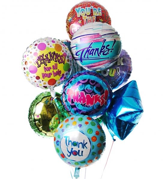 Cluster of colorful thank you mylar balloons with assorted patterns and messages.