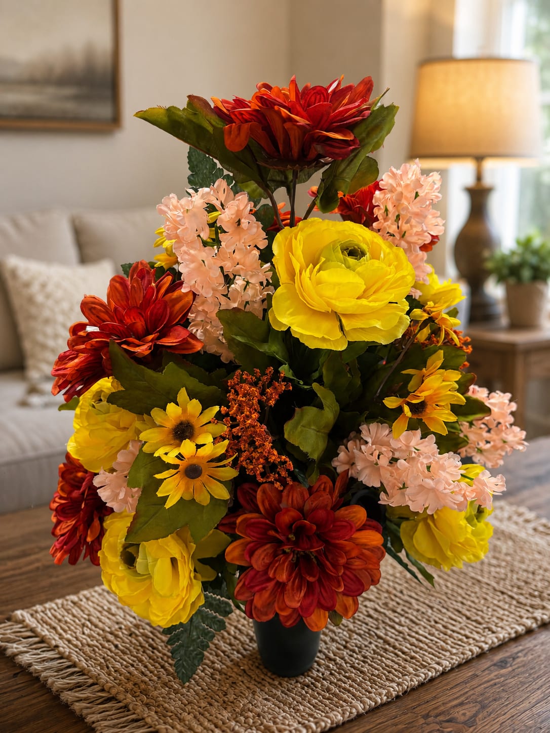 Artificial bouquet of red, yellow, and pink flowers in a black vase