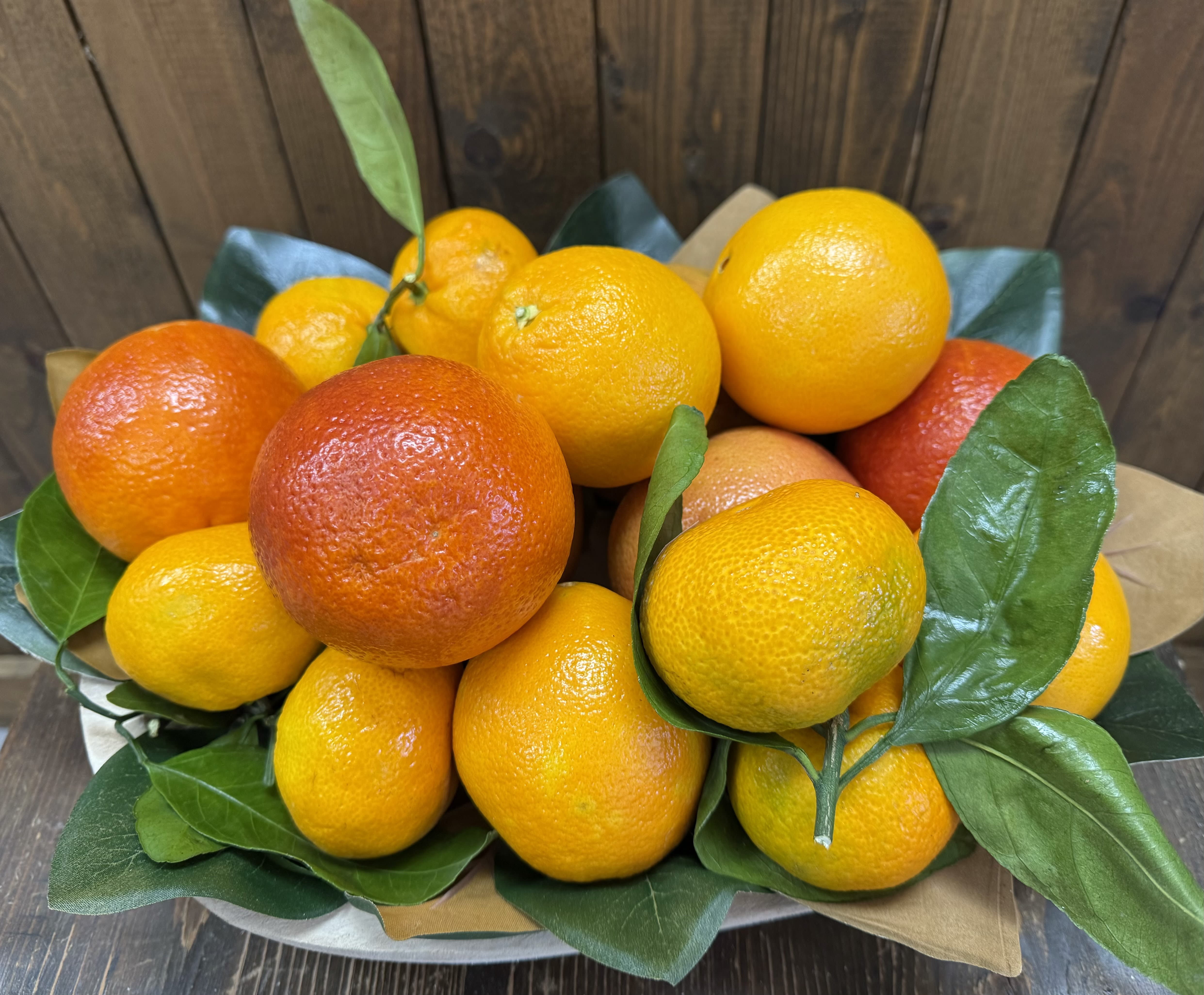 Arrangement of oranges and citrus fruit with green leaves