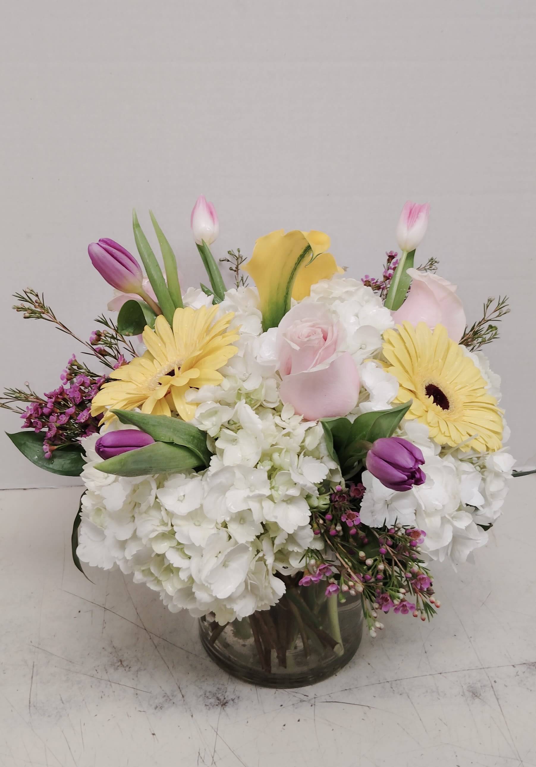 Spring is in Bloom - A cloud of white hydrangeas forms the soft foundation of this Spring is in Bloom floral arrangement, with sunny yellow gerbera daisies and a yellow calla lily lifting the composition into a cheerful focal display-perfect as a spring bouquet or a bright birthday, get well, or Father's Day gift. Pale pink roses and mixed pink and purple tulips weave through the arrangement for a gentle, romantic touch, while tiny pink filler blooms add delicate texture that feels both celebratory and soothing.  Arranged in a clear glass cylinder vase, the compact, low-profile design measures as a versatile centerpiece for a dining table, office desk, or bedside-ideal for occasions from anniversaries and Mother's Day to graduations, thank-you gestures, and "just because" moments. The pastel palette of pink, white, yellow, and purple keeps it seasonally fresh for spring and summer yet appropriate year-round; fresh water and a clean vase will keep blooms looking their best for several days.