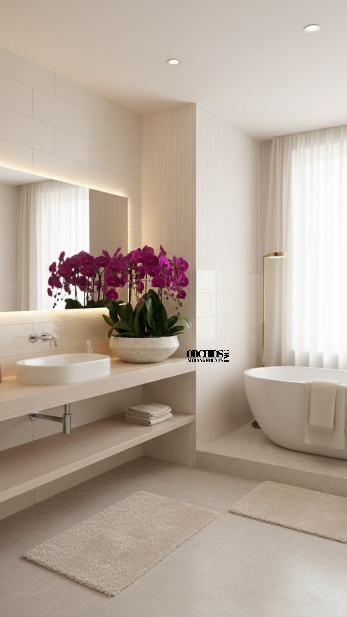Purple orchid arrangement in a stone bowl on a bathroom counter