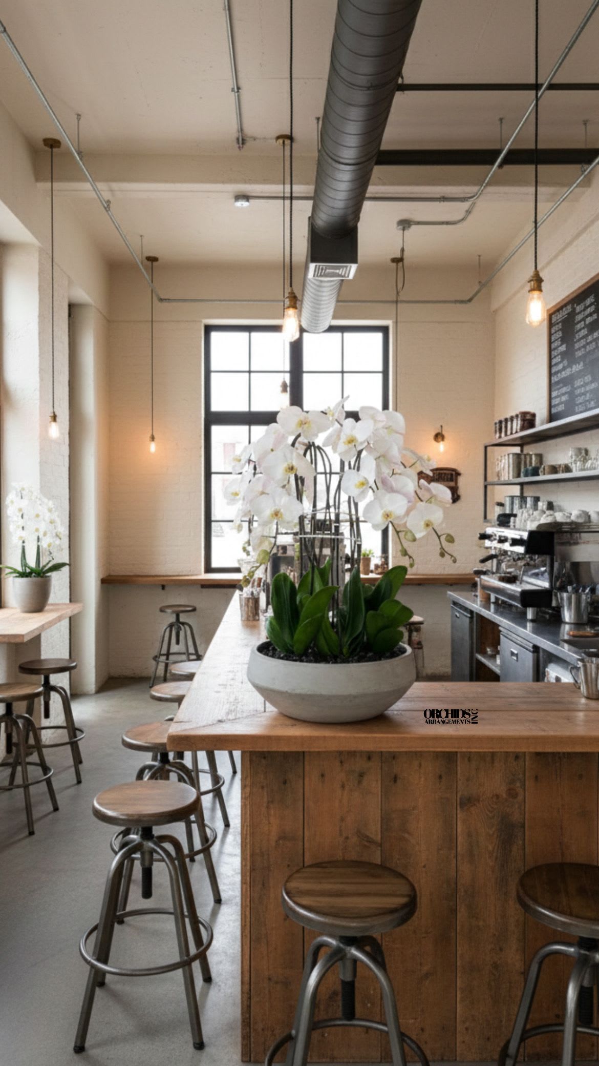 White orchid arrangement in a shallow gray planter on a wooden counter