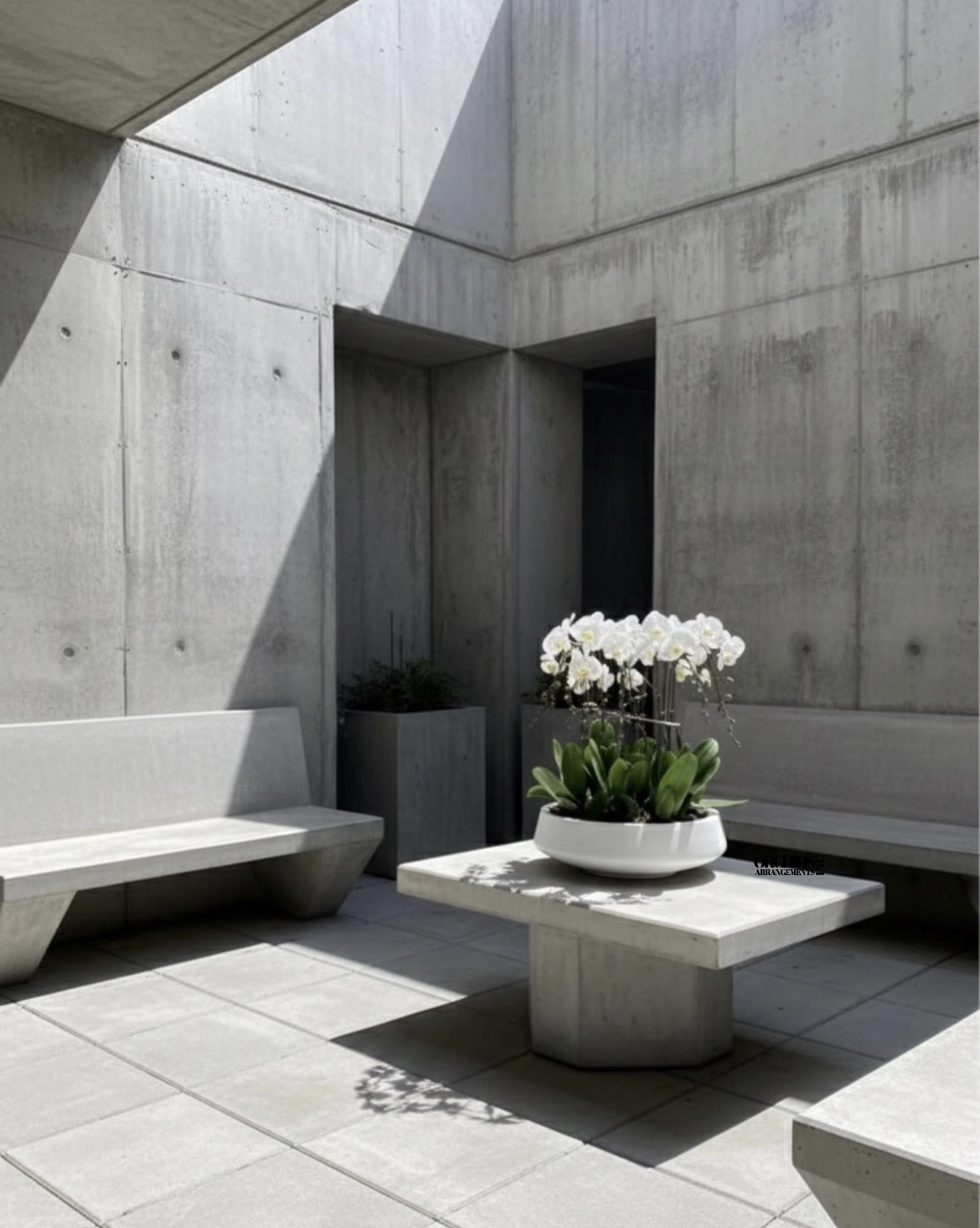 White orchids in a low white planter on a concrete table