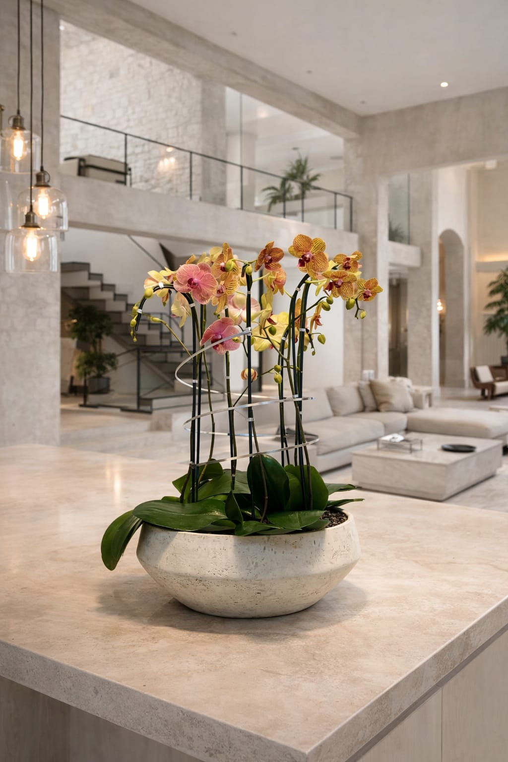 Potted orchids in a white bowl-shaped planter on a countertop