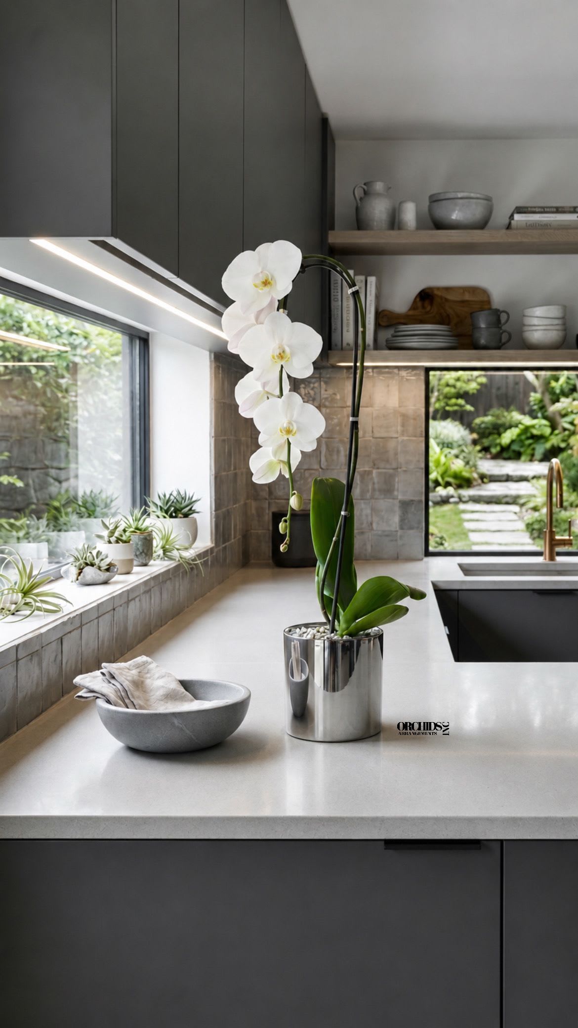 White Phalaenopsis Orchid Arrangement – Single Stem Premium Gift - Single Luxury White Phalaenopsis orchid Arrangement designed for gifting with a Silver Vase 6” x 6”. We offer flower delivery, same day flower delivery, orchid delivery, and same day orchid delivery in Miami Dade Broward and Palm Beach.