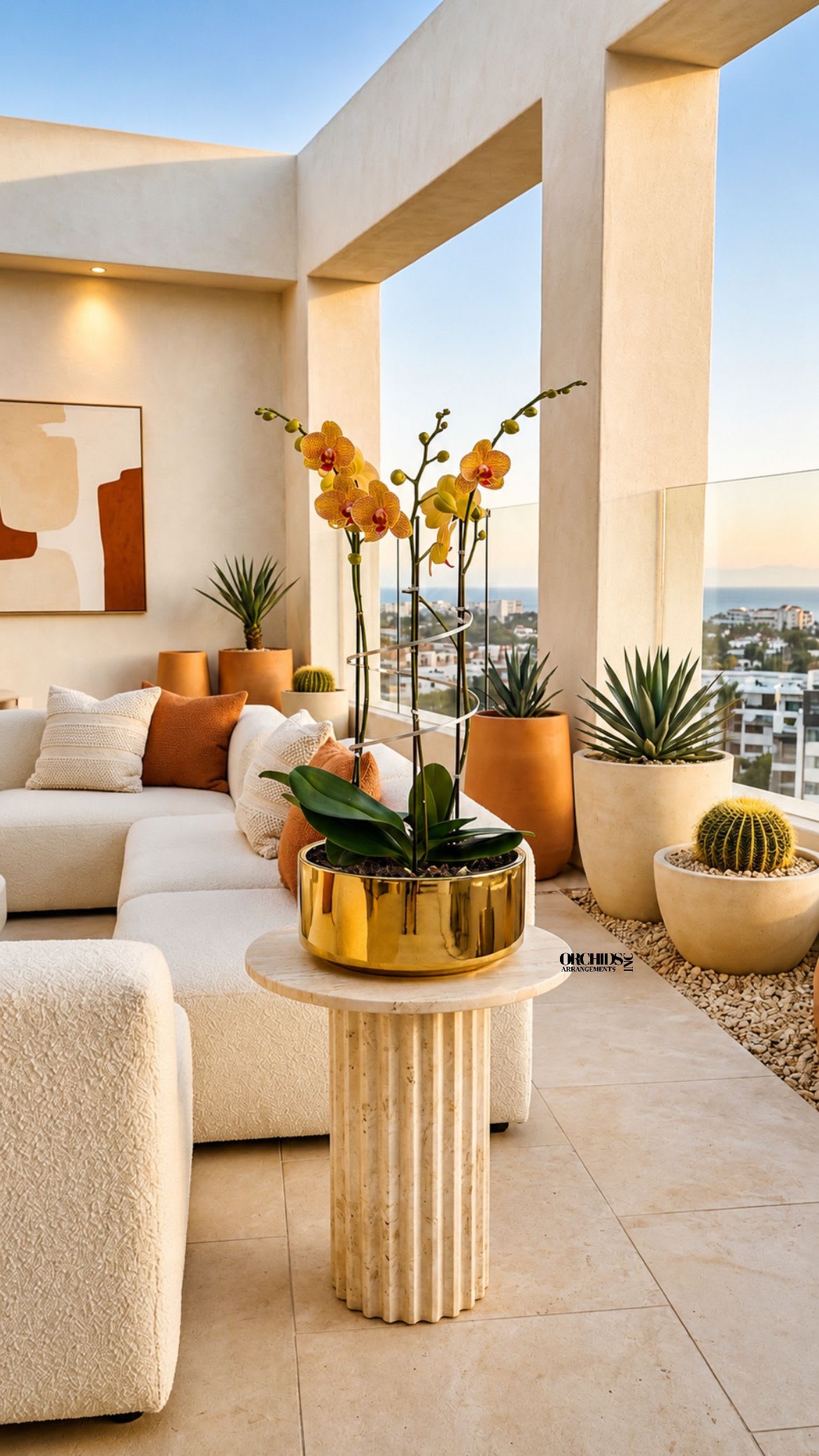 Peach Phalaenopsis Orchid Arrangement – Triple Stem Designer Arrangement - A luxury Triple Luxury Peach Phalaenopsis orchid Arrangement designed for gifting with a Gold Vase 12” x 6”. We offer flower delivery, same day flower delivery, orchid delivery, and same day orchid delivery in Miami Dade Broward and Palm Beach. 