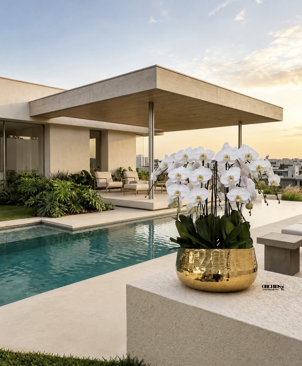  White Phalaenopsis Orchid Arrangement – 9 Stem Minimal Luxury - Nine Luxury White Phalaenopsis orchid Arrangement designed for gifting with a Gold Vase 15.5” x 7”. We offer flower delivery, same day flower delivery, orchid delivery, and same day orchid delivery in Miami Dade Broward and Palm Beach.
