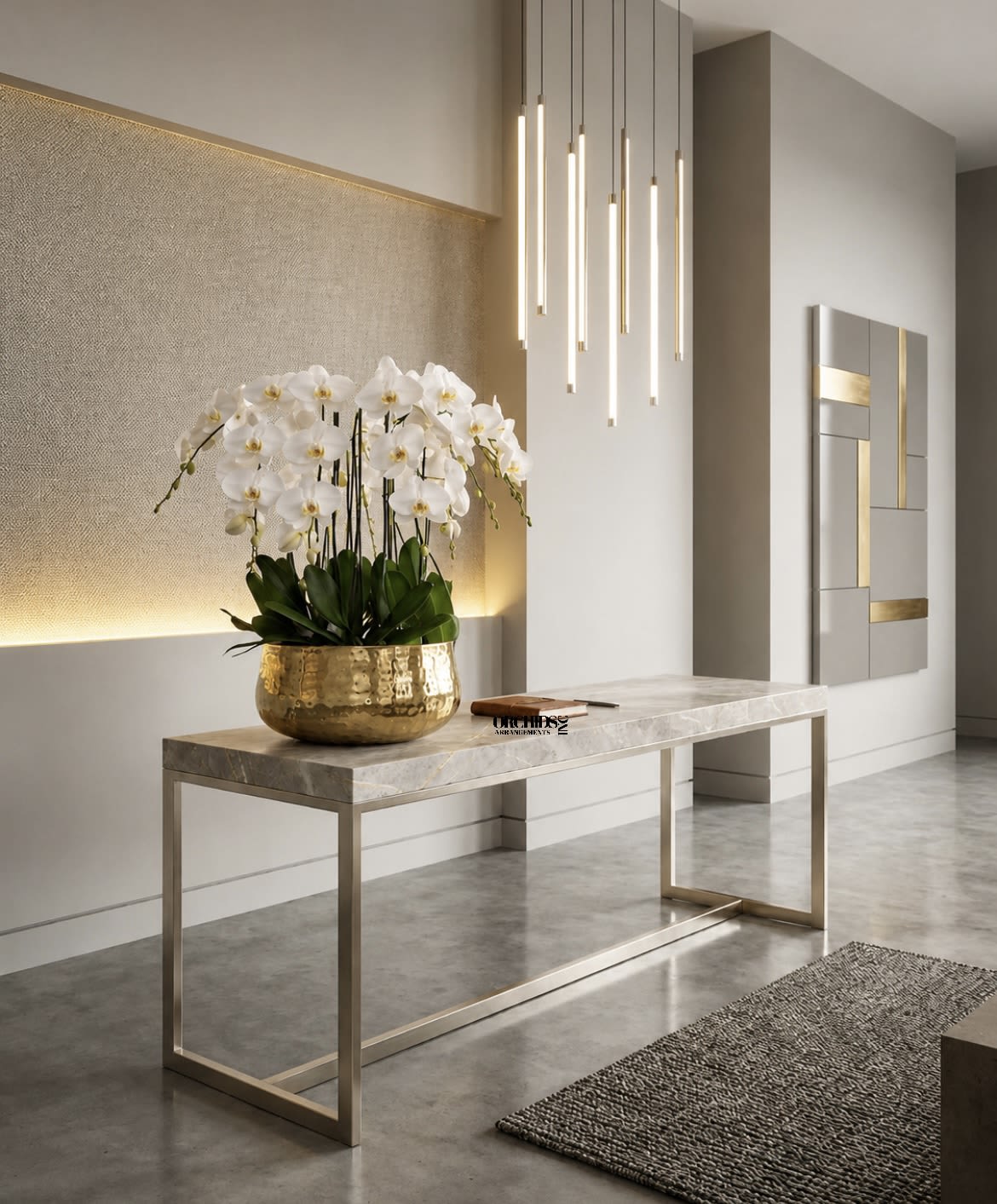 White Phalaenopsis Orchid Arrangement – 11 Stem Minimal Luxury - Eleven Luxury White Phalaenopsis orchid Arrangement designed for gifting with a Gold Vase 15.5” x 7”. We offer flower delivery, same day flower delivery, orchid delivery, and same day orchid delivery in Miami Dade Broward and Palm Beach.