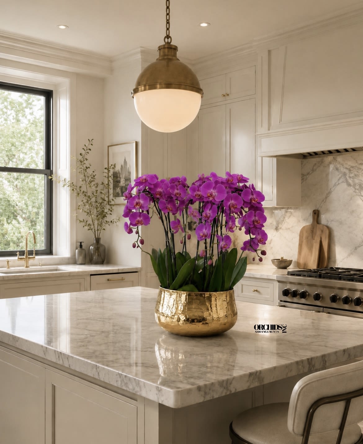 Purple Phalaenopsis Orchid Arrangement – 9 Stem Exclusive Design - Nine Luxury Purple Phalaenopsis orchid Arrangement designed for gifting with a Gold Vase 15.5” x 7”. We offer flower delivery, same day flower delivery, orchid delivery, and same day orchid delivery in Miami Dade Broward and Palm Beach. 