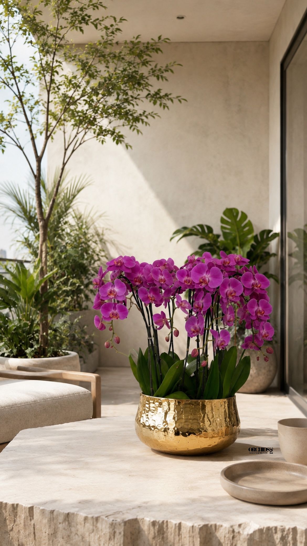 Purple Phalaenopsis Orchid Arrangement – 11 Stem Exclusive Design - Eleven Luxury Purple Phalaenopsis orchid Arrangement designed for gifting with a Gold Vase 15.5” x 7”. We offer flower delivery, same day flower delivery, orchid delivery, and same day orchid delivery in Miami Dade Broward and Palm Beach.