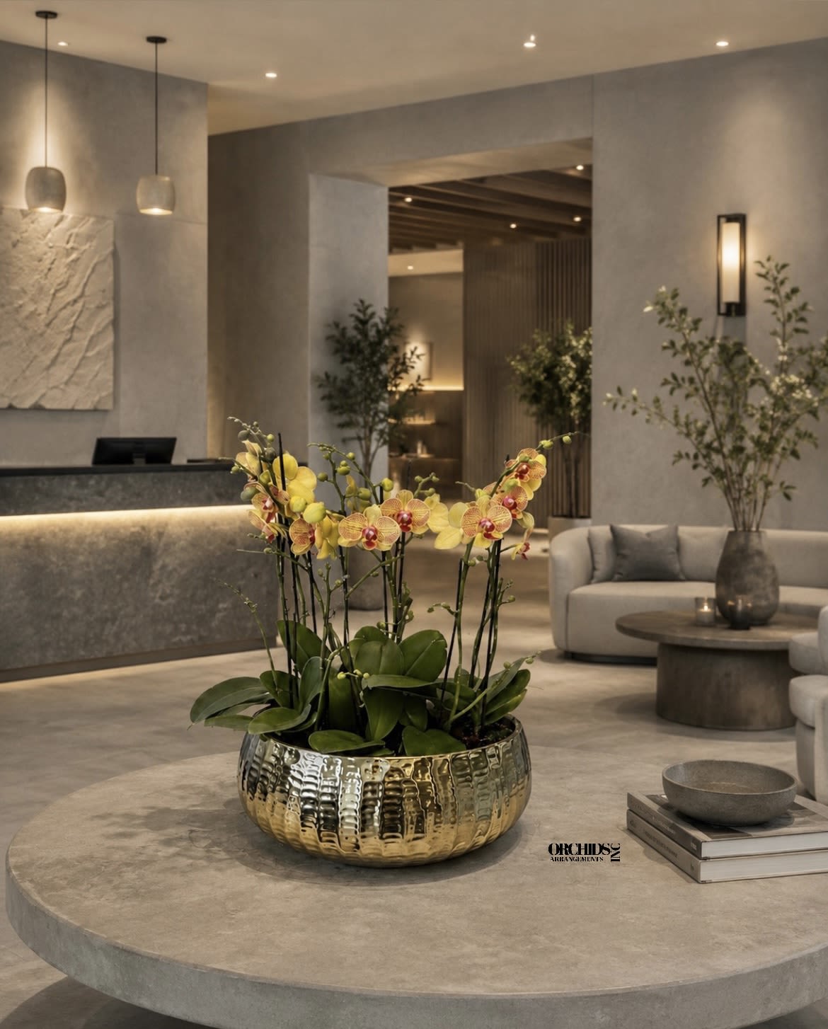 Peach Phalaenopsis Orchid Arrangement – 7 Stem Designer Arrangement - Seven Luxury Peach Phalaenopsis orchid Arrangement designed for gifting with a Gold Vase 15.5” x 7”. We offer flower delivery, same day flower delivery, orchid delivery, and same day orchid delivery in Miami Dade Broward and Palm Beach.