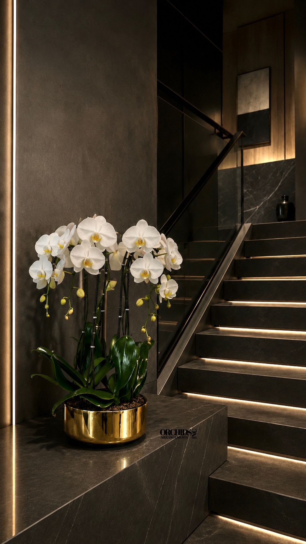 White Phalaenopsis Orchid Arrangement – 6 Stem Minimal Luxury - Six Luxury White Phalaenopsis orchid Arrangement designed for gifting with a Gold Vase 12” x 6”. We offer flower delivery, same day flower delivery, orchid delivery, and same day orchid delivery in Miami Dade Broward and Palm Beach. 