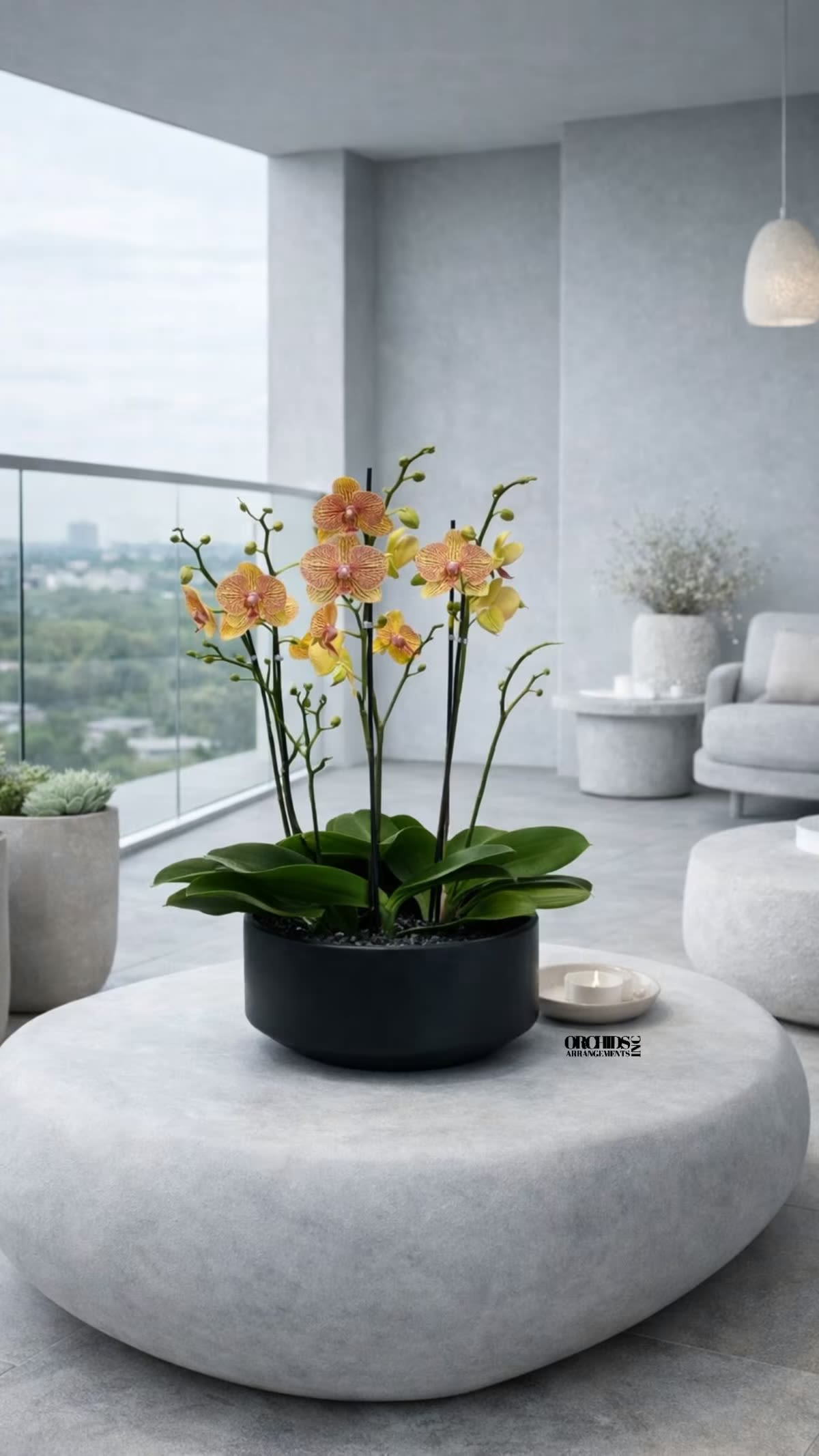 Peach Phalaenopsis Orchid Arrangement – 4 Stem Contemporary Arrangement - Four Luxury Peach Phalaenopsis orchid Arrangement designed for gifting with a Black Vase 12” x 6”. We offer flower delivery, same day flower delivery, orchid delivery, and same day orchid delivery in Miami Dade Broward and Palm Beach.