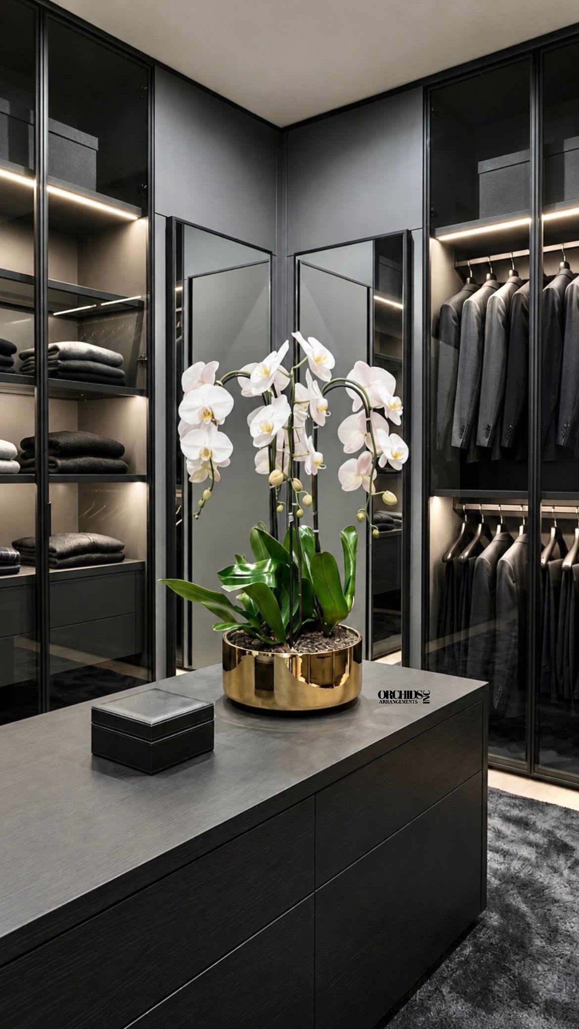 White Phalaenopsis Orchid Arrangement – Triple Stem Minimal Luxury - Triple Luxury White Phalaenopsis orchid Arrangement designed for gifting with a Gold Vase 12” x 6”. We offer flower delivery, same day flower delivery, orchid delivery, and same day orchid delivery in Miami Dade Broward and Palm Beach.