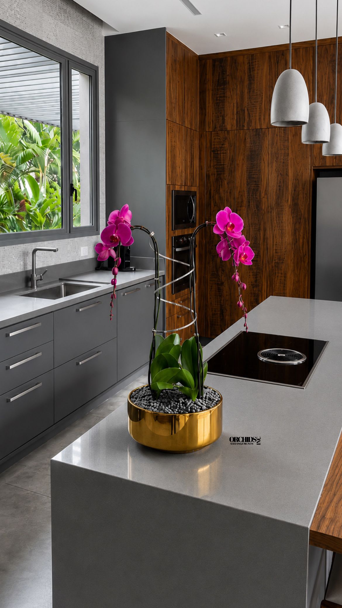 Potted orchids with bright pink blooms in a gold container on a kitchen island.
