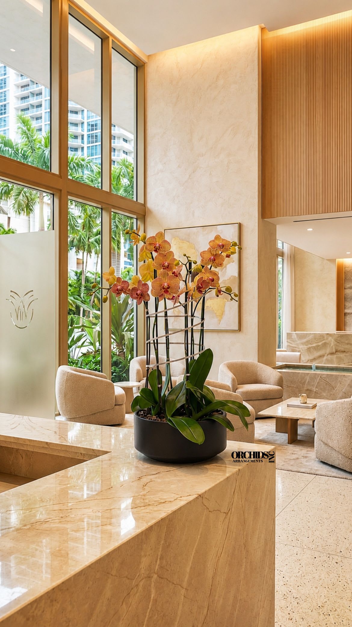 Peach Phalaenopsis Orchid Arrangement – 5 Stem Contemporary Arrangement - Five Luxury Peach Phalaenopsis orchid Arrangement designed for gifting with a Black Vase 12” x 6”. We offer flower delivery, same day flower delivery, orchid delivery, and same day orchid delivery in Miami Dade Broward and Palm Beach. 