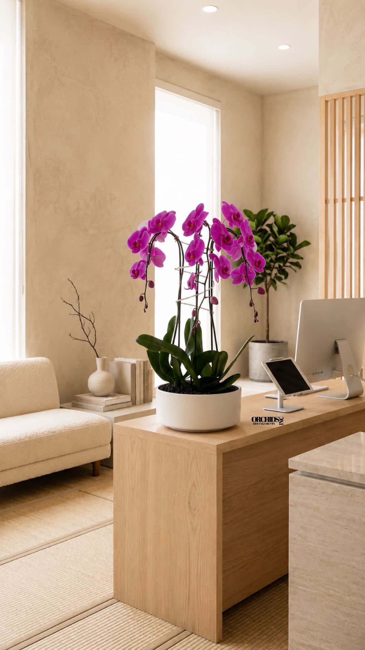 Purple Phalaenopsis Orchid Arrangement – Triple Stem Modern Centerpiece - Triple Luxury Purple Phalaenopsis orchid Arrangement designed for gifting with a White Vase 12” x 6”. We offer flower delivery, same day flower delivery, orchid delivery, and same day orchid delivery in Miami Dade Broward and Palm Beach.