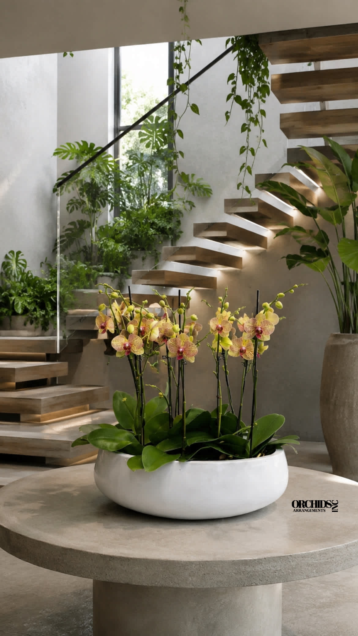 Potted orchid arrangement with yellow blooms in a white bowl planter