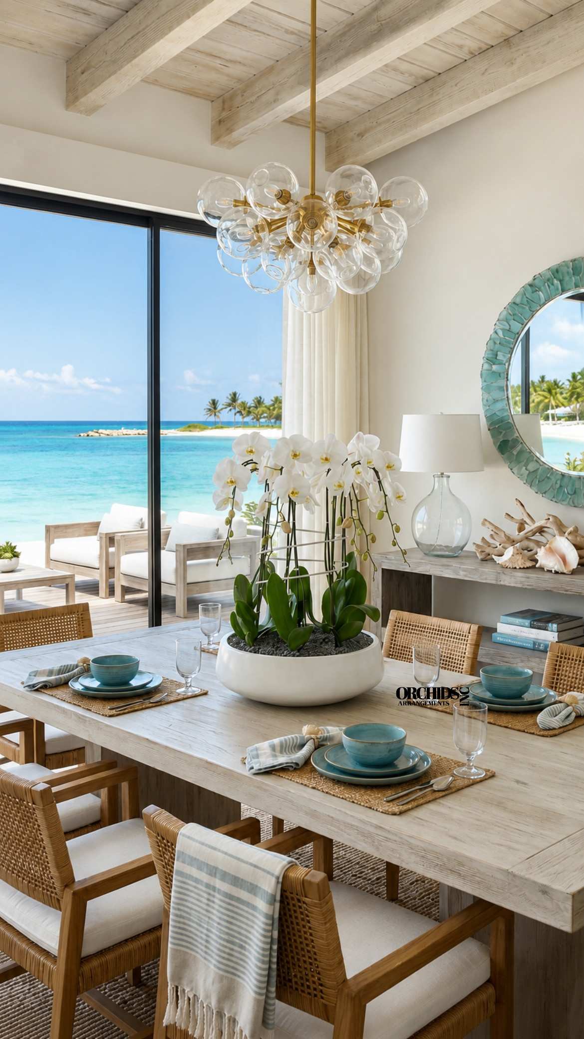 White orchids in a low bowl centerpiece on a dining table