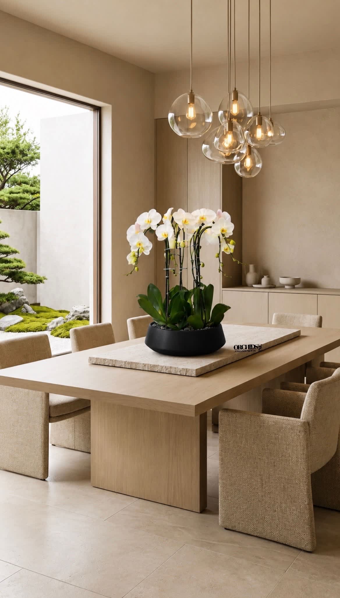 White orchids arranged in a black bowl on a dining table
