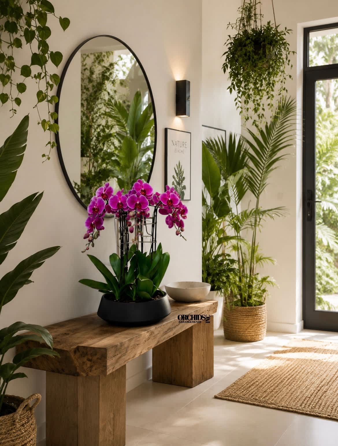 Pink orchids in a black planter on a wooden bench in a bright room