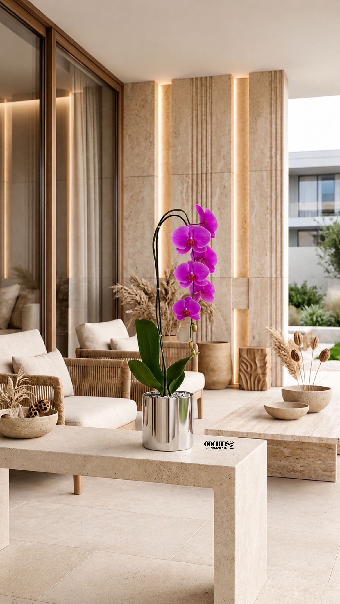 Purple Phalaenopsis Orchid Arrangement – Single Stem Signature Design - Single Luxury Purple Phalaenopsis orchid Arrangement designed for gifting with a Silver Vase 6” x 6”. We offer flower delivery, same day flower delivery, orchid delivery, and same day orchid delivery in Miami Dade Broward and Palm Beach.
