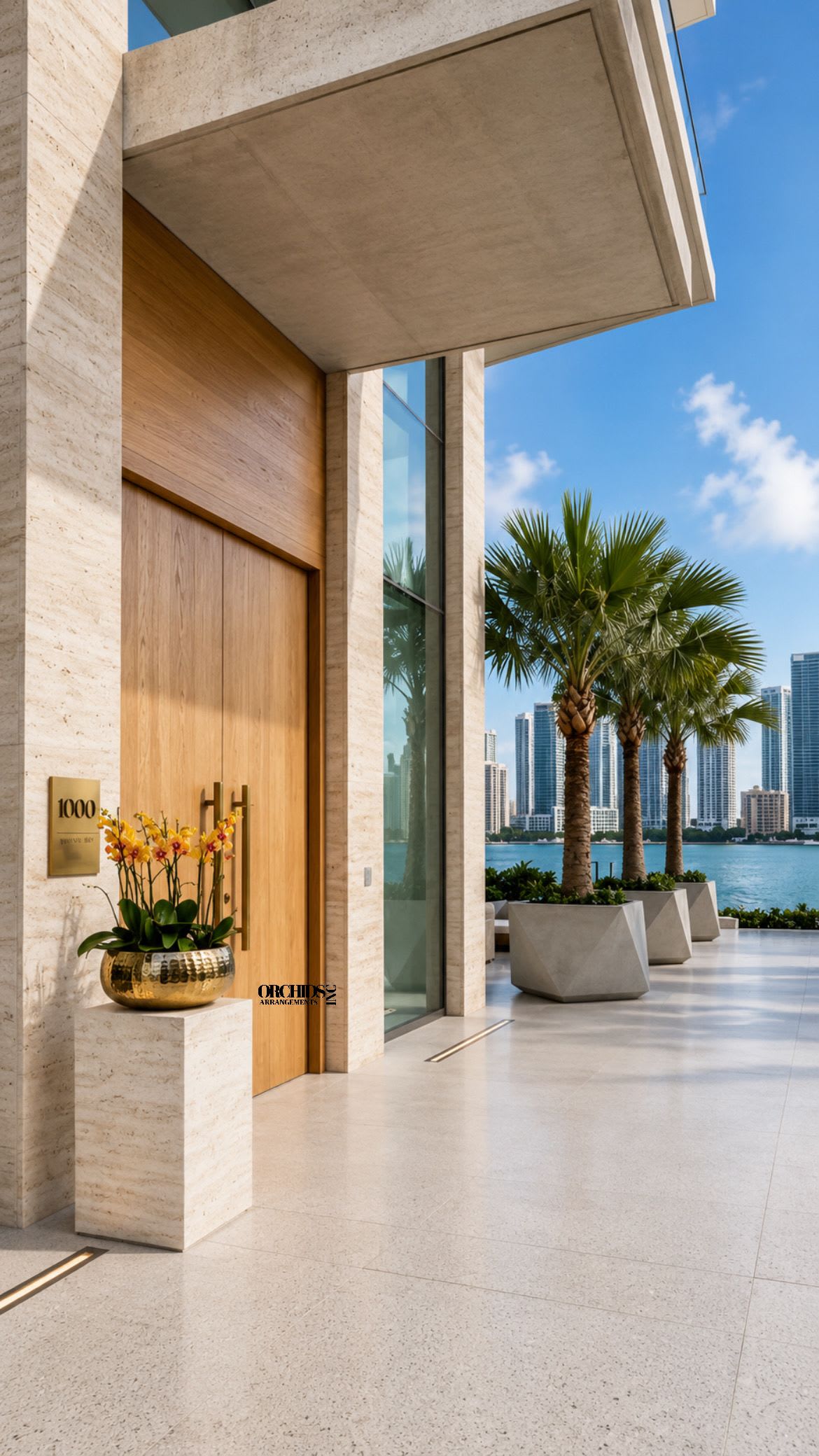 Yellow orchid arrangement in a gold bowl outside a modern building