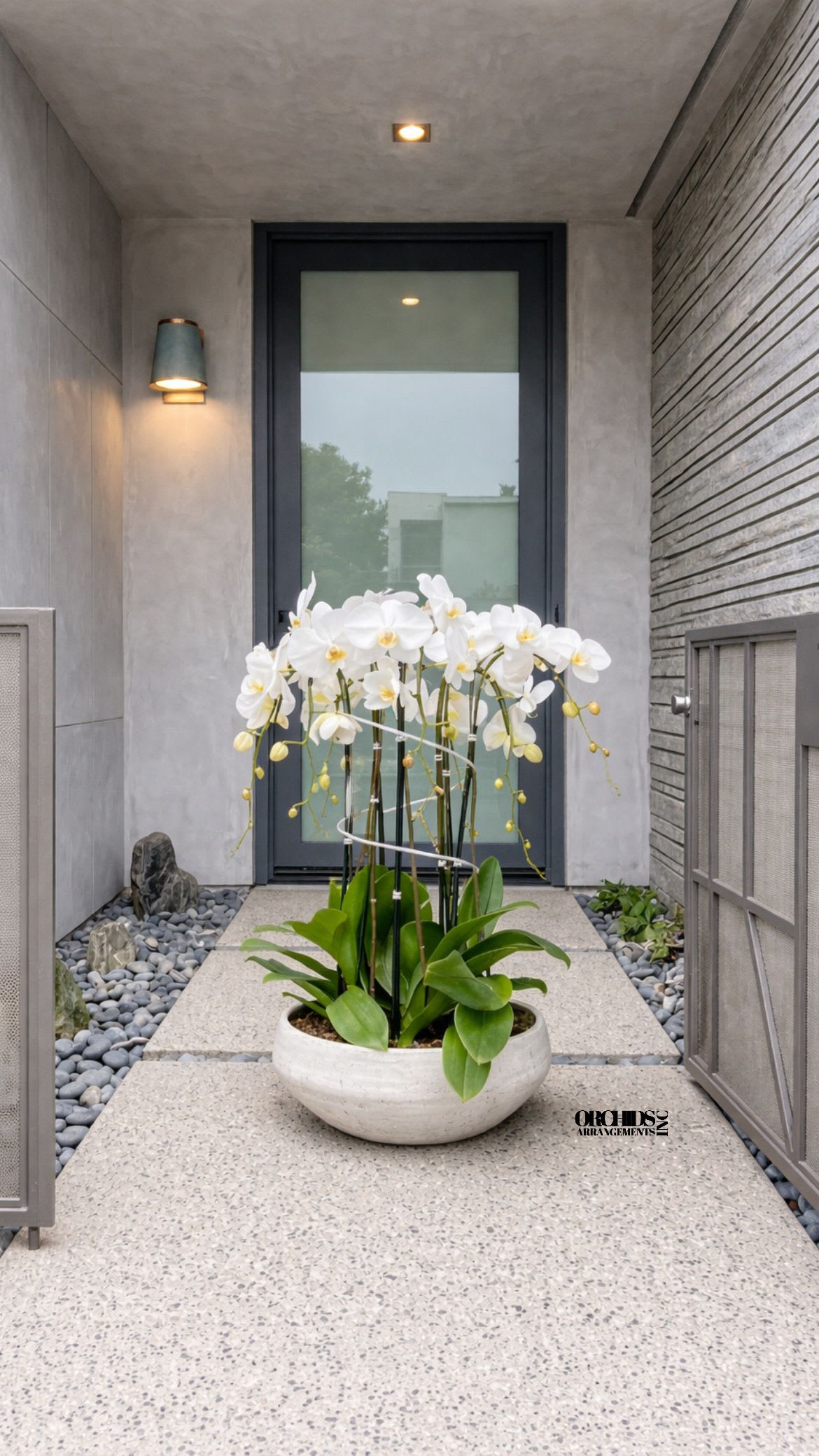 White Phalaenopsis Orchid Arrangement – 12 Stem Premium Gift - Twelve Luxury White Phalaenopsis orchid Arrangement designed for gifting with a Natural Vase 17” x 6”. We offer flower delivery, same day flower delivery, orchid delivery, and same day orchid delivery in Miami Dade Broward and Palm Beach.
