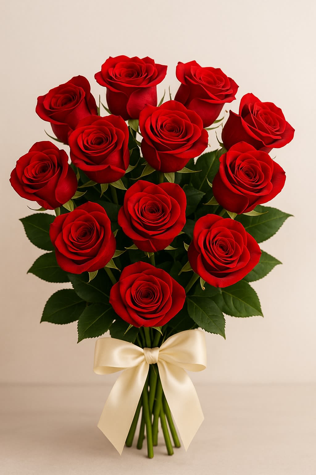 Bouquet of red roses tied with a cream ribbon