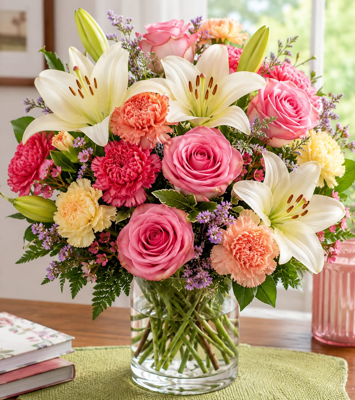 Garden Romance - A charming mix of pink roses, soft carnations, white lilies, and delicate accent flowers designed to create a lush centerpiece full of color and texture.
