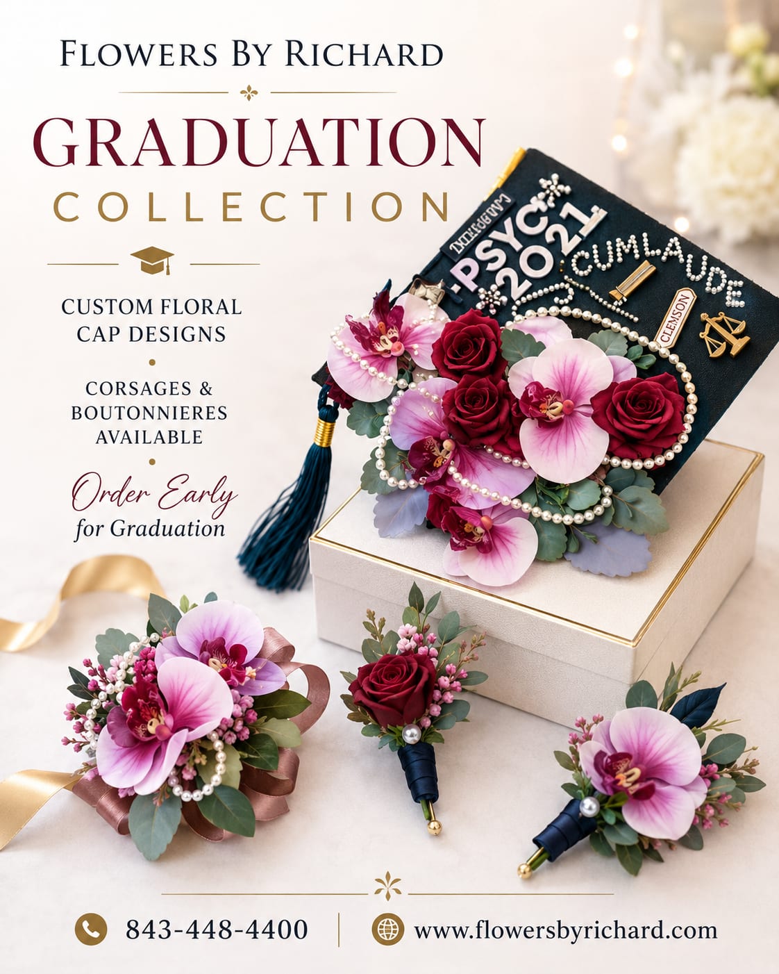 Flowers By Richard Graduation Collection - Celebrate graduation season with the Flowers By Richard Graduation Collection — featuring custom floral graduation cap designs, elegant corsages, and classic boutonnieres crafted to make your special day unforgettable. Each piece is designed with premium flowers, stylish accents, and personalized details perfect for senior photos, ceremonies, and celebrations. Order early to reserve your custom graduation florals.