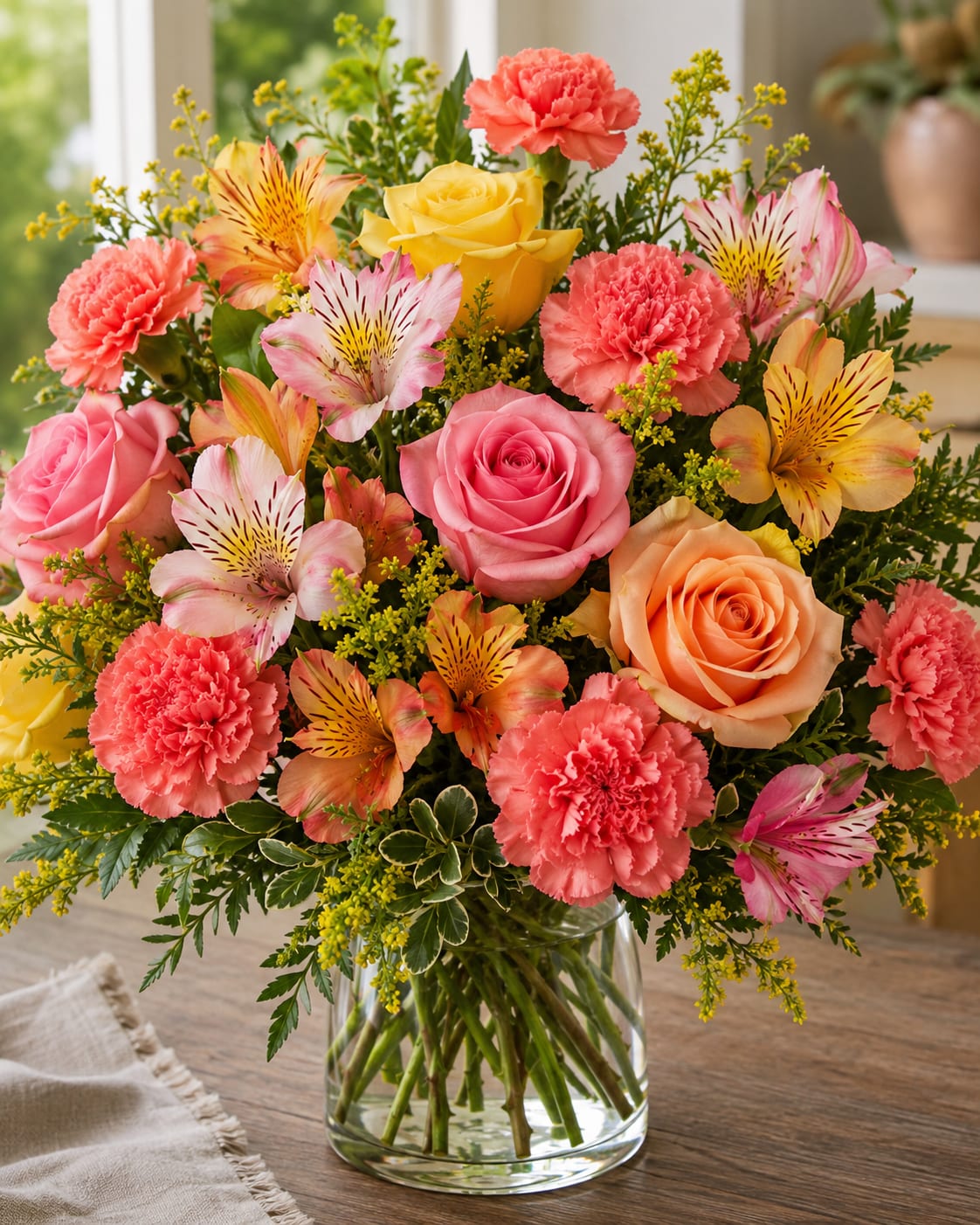 Summer Sunrise Bouquet - Bright, cheerful, and full of seasonal charm, the Summer Sunrise Bouquet features a beautiful blend of roses, carnations, and alstroemeria arranged with fresh greenery in a clear glass vase. Soft shades of pink, peach, and yellow create a warm summer feel, making this arrangement perfect for birthdays, thank-you gifts, celebrations, or simply brightening someone's day. Its vibrant colors and elegant design bring a touch of sunshine to any room.