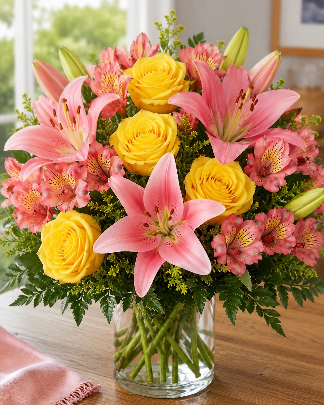 Summer Sun Blooms - Capture the warmth and beauty of the season with Summer Sun Blooms. This vibrant arrangement features cheerful yellow roses, graceful pink lilies, and delicate pink alstroemeria, beautifully arranged with fresh greenery for a bright and elegant presentation. Bursting with sunny color and soft floral charm, this bouquet is perfect for birthdays, celebrations, thank-you gifts, or simply bringing a touch of summer sunshine into any home or office. A joyful design that radiates happiness with every bloom.