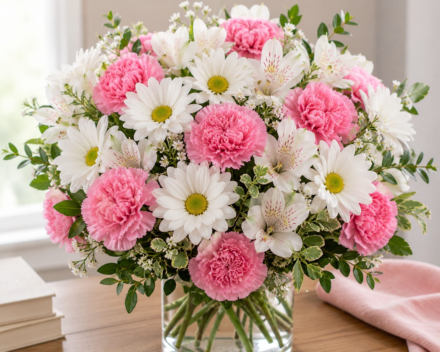 Blushing Daisy Delight - A charming and graceful floral arrangement featuring crisp white daisies, soft pink carnations, and delicate white alstroemeria. The combination of fresh white blooms and gentle pink tones creates a sweet, uplifting display filled with warmth and elegance. Accented with lush greenery, this bouquet offers a lovely blend of texture and natural beauty, making it perfect for birthdays, baby showers, get-well wishes, thank-you gifts, or simply brightening someone's day. Its timeless garden-inspired design brings a touch of softness and joy to any setting.