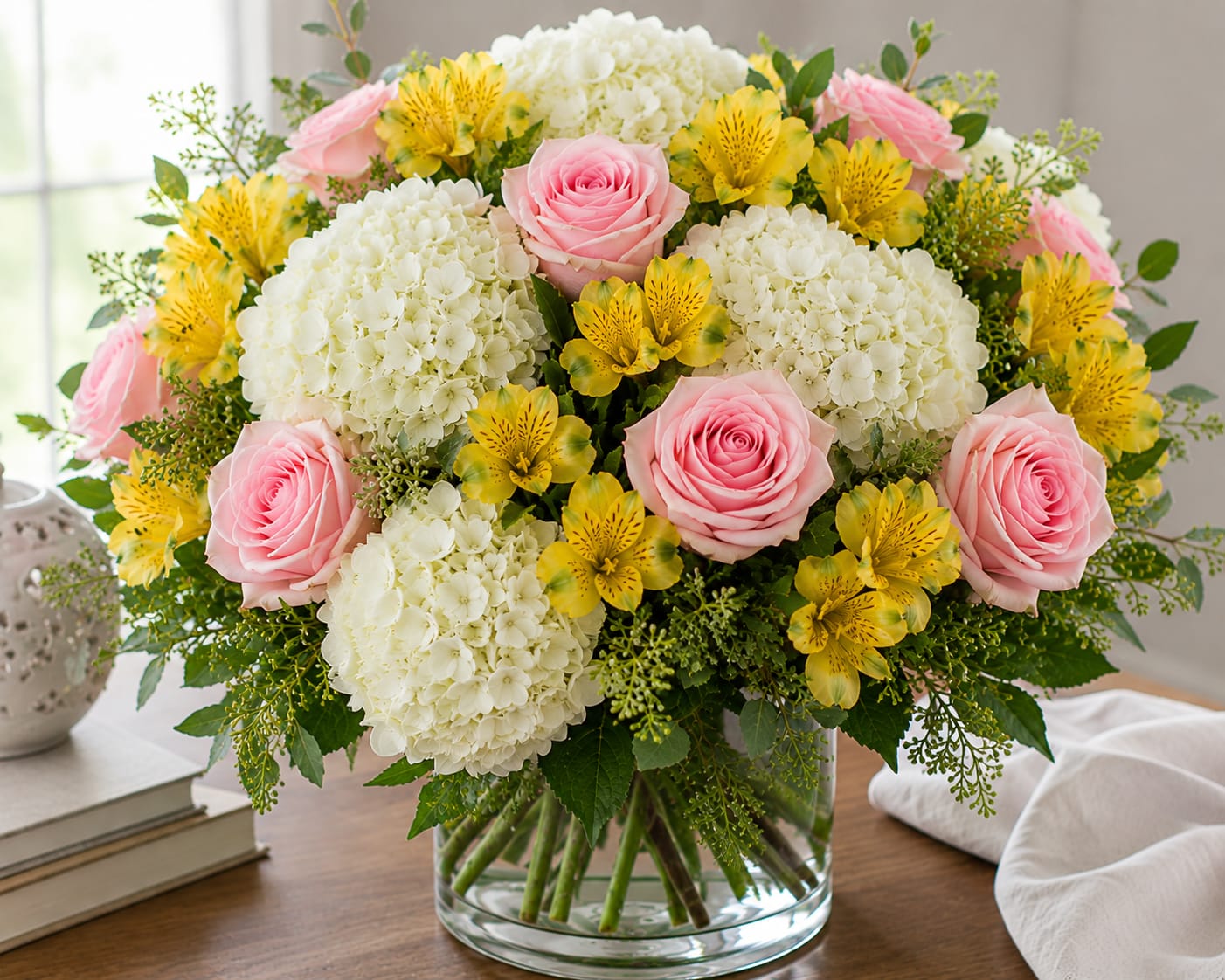 Golden Blush Garden - A radiant and elegant floral arrangement showcasing soft pink roses, sunny yellow alstroemeria, and lush white hydrangeas. The delicate blush tones of the roses beautifully complement the cheerful golden blooms, while the voluminous hydrangeas add richness and texture. Accented with fresh greenery, this bouquet captures the beauty of a blooming summer garden and brings a sense of warmth, grace, and joy to any occasion. Perfect for birthdays, anniversaries, congratulations, or simply brightening someone's day, this arrangement offers a timeless blend of sophistication and charm.