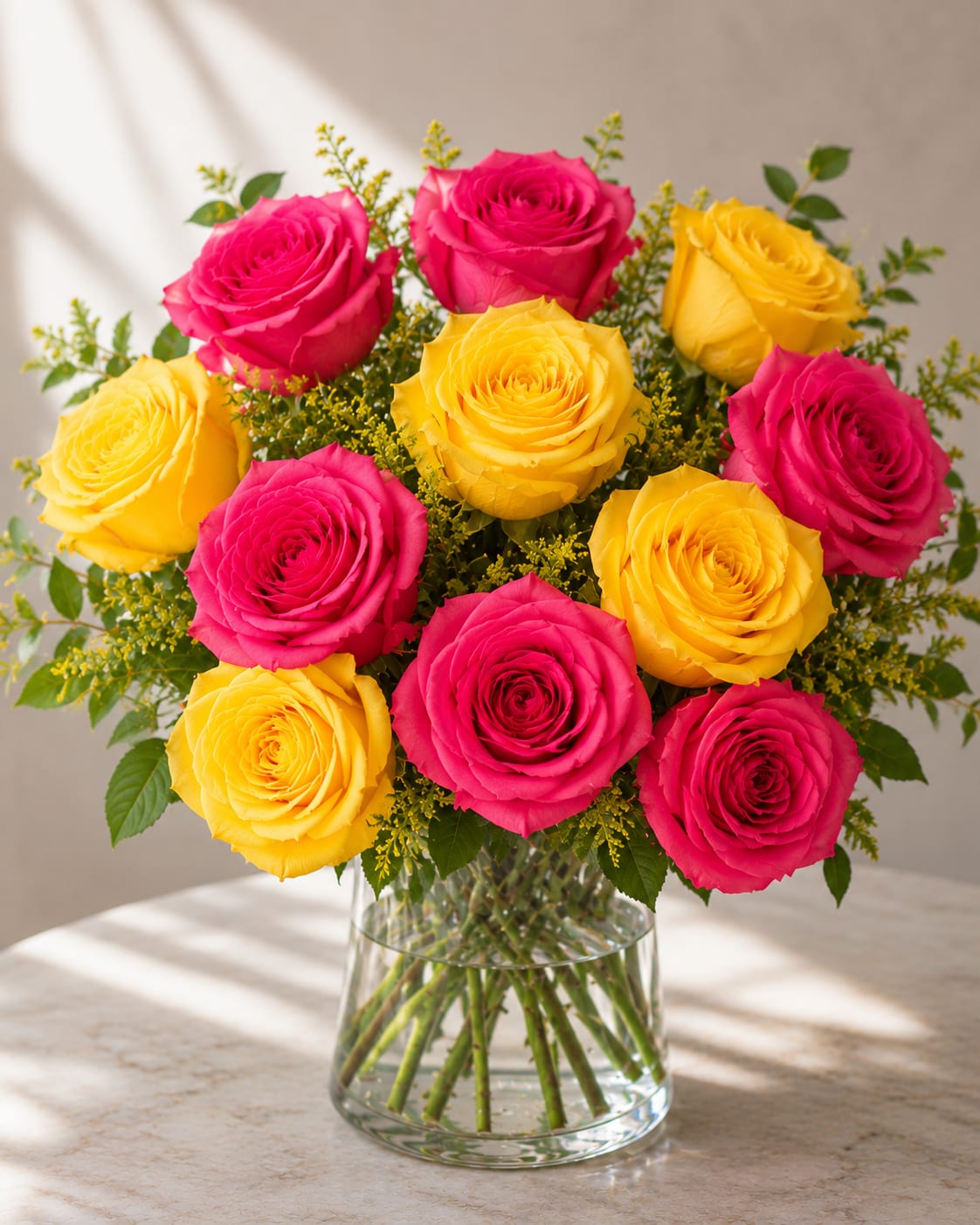Summer Glow Rose Bouquet  - A cheerful summer bouquet featuring a dozen premium roses in vibrant hot pink and sunny yellow hues, beautifully arranged in a clear glass vase. Bursting with bright seasonal color, this fresh and joyful design captures the warmth of summer days, making it a perfect gift for celebrations, birthdays, or simply bringing sunshine into any room. The bold contrast of vivid pink and golden yellow roses creates a stunning display that radiates happiness, energy, and elegance.