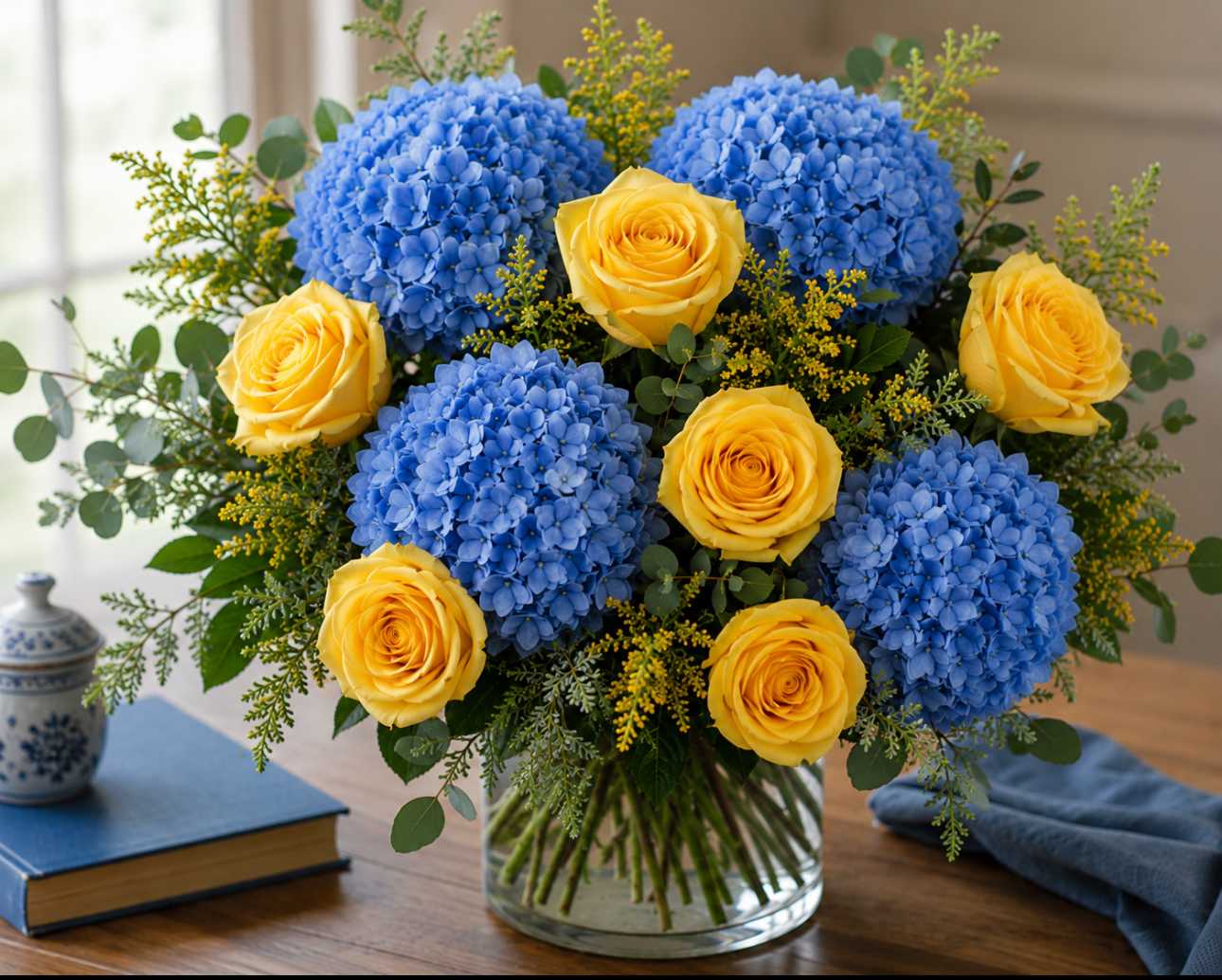 Blue hydrangeas and yellow roses in a clear glass vase