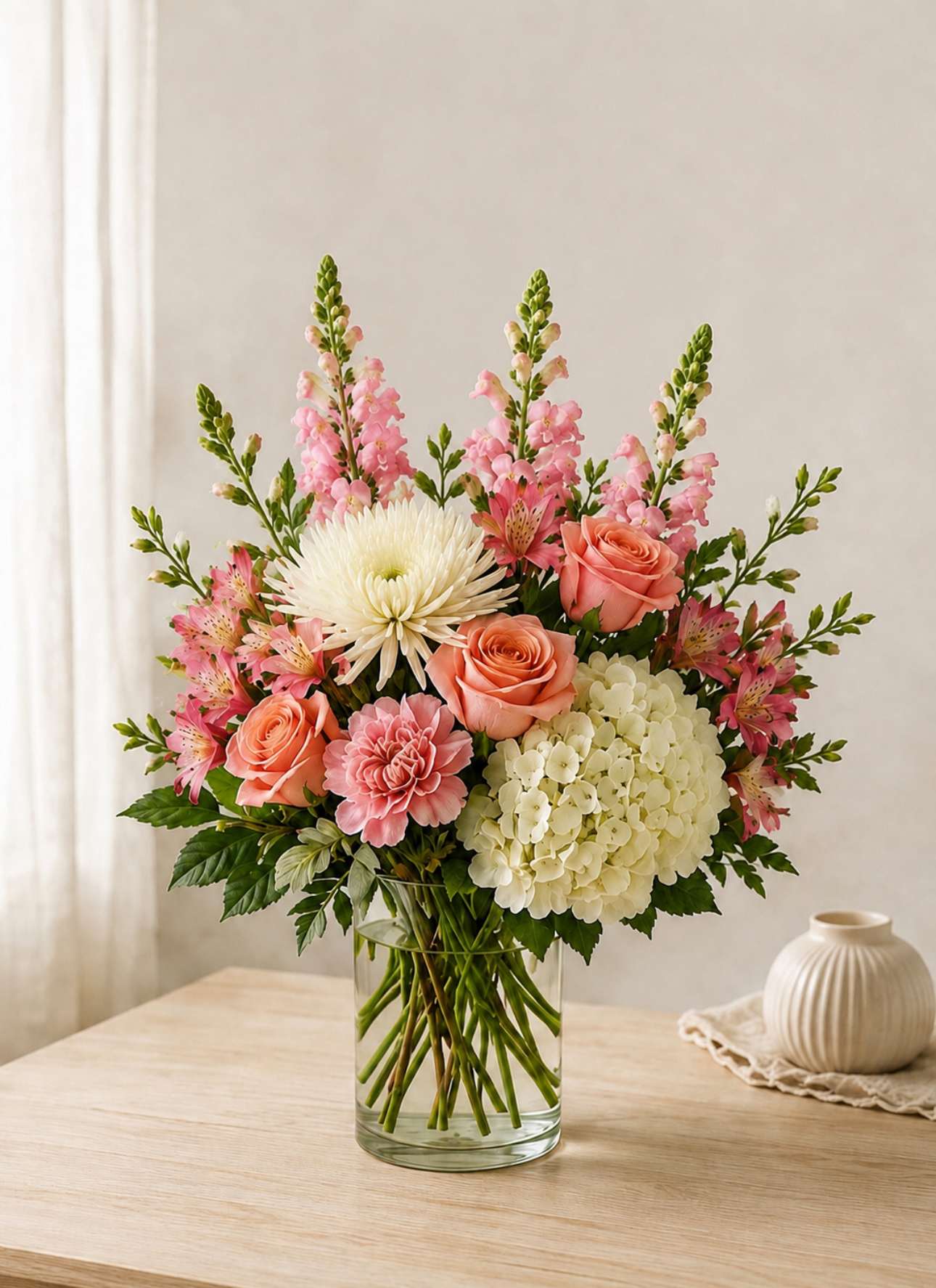 Pink and white mixed bouquet in a clear glass vase