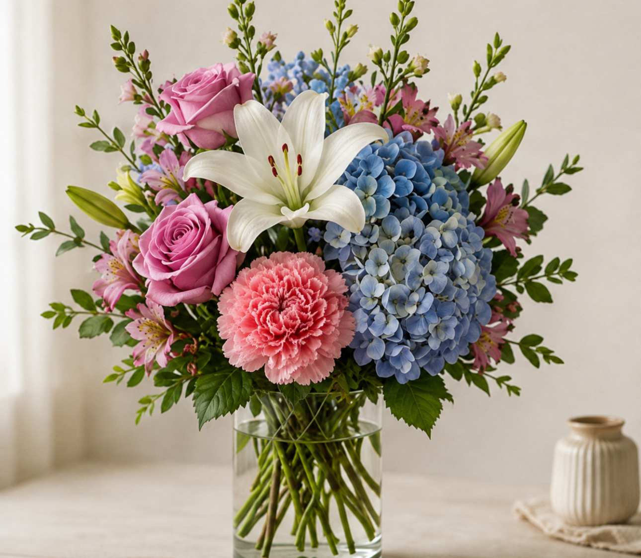 Bouquet of pink roses, blue hydrangeas, white lily, and pink carnations in a glass vase