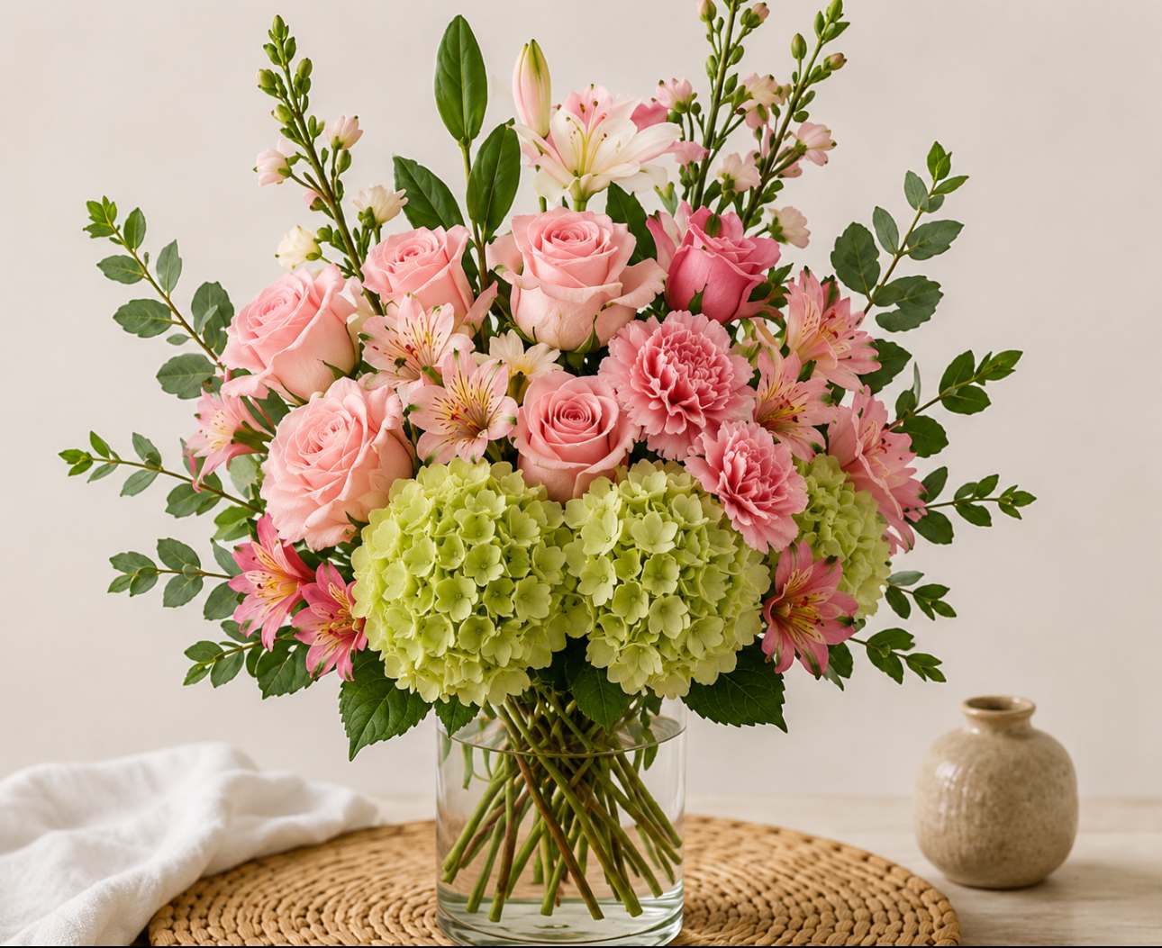Pink roses and carnations with green hydrangeas in a glass vase