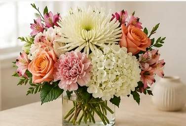 Mixed bouquet of pink and peach flowers in a clear glass vase
