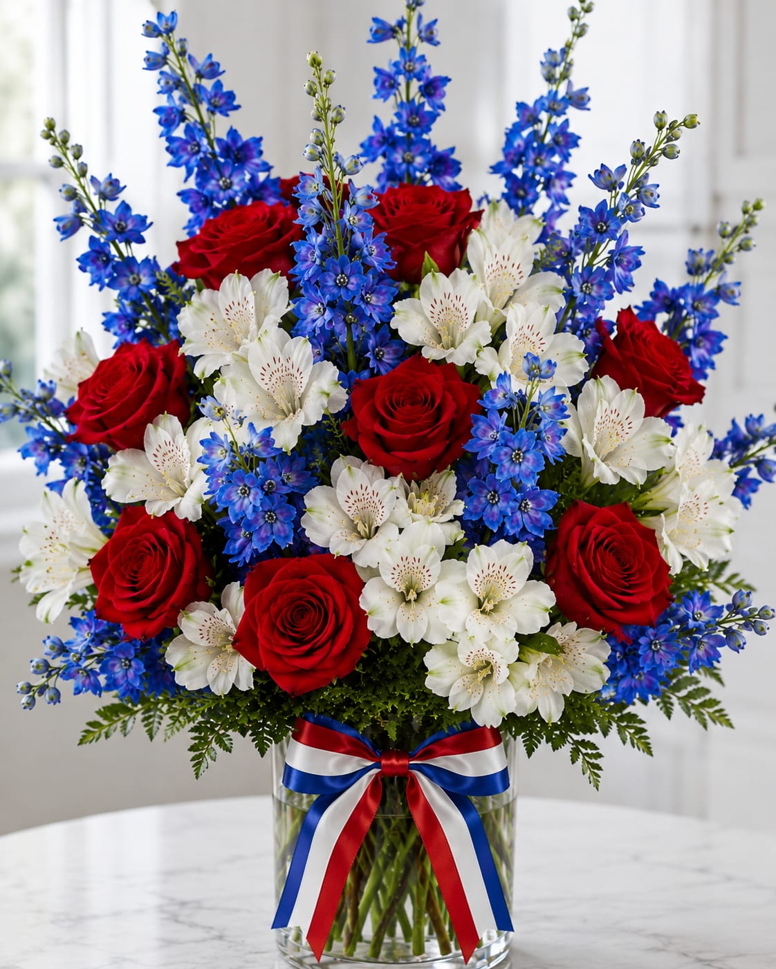Liberty Bloom Arrangement - This elegant arrangement blends classic romance and cool serenity with a striking patriotic palette. Deep red roses create a bold centerpiece of passion and love, while delicate white astromerias add softness and purity throughout the design. Tall blue delphinium rises gracefully above the bouquet, bringing a sense of height, movement, and calm. Together, these blooms form a balanced and eye-catching composition that feels both timeless and fresh—perfect for celebrations, heartfelt gifts, or seasonal decor.